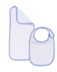 Baby bib and burp cloth set with blue checkered trim on a white background