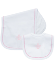 bib and burp cloth set with picot trim personalized with monogram for baby girl