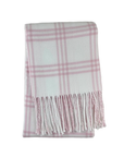 Pink and white plaid blanket with fringes on a white background