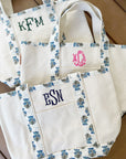 Canvas tote bags with block print trim embroidered with custom monogram