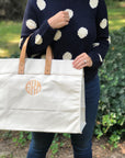 Classic Aesthetic Leather Handle Natural Canvas Tote Bag Monogrammed