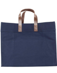 Leather Handle Navy Canvas Box Tote Bag