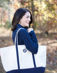 monogrammed large canvas tote bag with navy trim