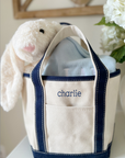 toddler boy canvas tote bag with embroidered name with bunny and embroidered sweater