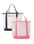 kids canvas tote bags, one labeled 'big brother' and the other 'big sister', on a white background.