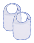 Two baby bibs with blue checkered trim on a white background