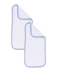 White burp cloths with blue checkered border on a white background
