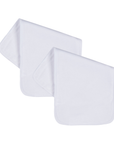 Two white baby burp cloths on a white background