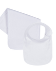 white baby bib and burp cloth set on a white background