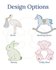 Design options including a stork, rocking horse, bunny, and teddy bear on a light background.