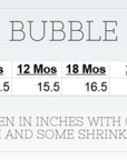 Measurement chart for bubble garment in inches with age groups.