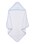 White hooded baby towel with blue trim and embroidered name on a white background