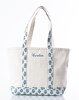 medium canvas tote bag with block print trim accents and custom embroidered name