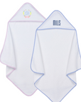 monogrammed baby and toddler hooded bath towel in pink and blue gingham trim