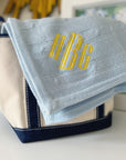 monogrammed baby blue cashmere like cable knit blanket