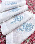 Blue Hydrangea Embroidered Linen Cocktail Napkins