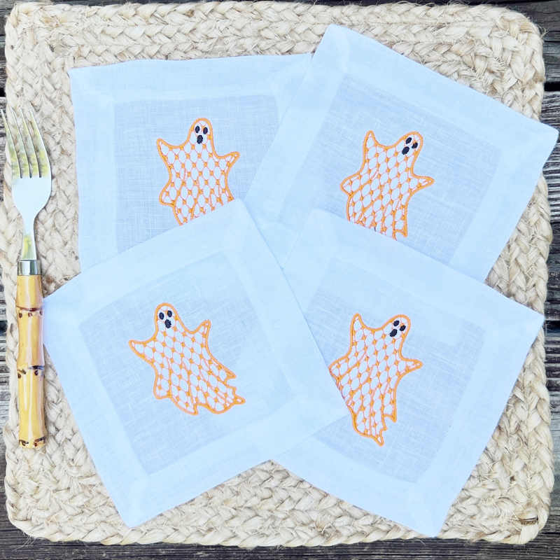 Embroidered Ghosts Linen Cocktail Napkins