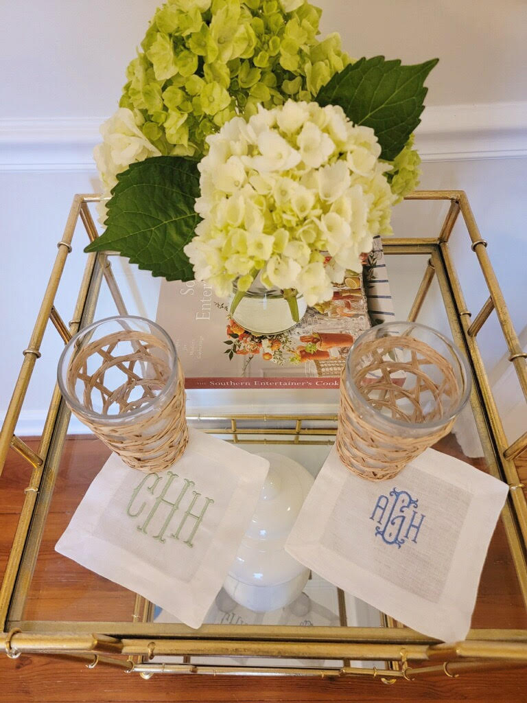 Gold Mirrored Bar Cart with Embroidered Cocktail Napkins- How to style a gold bar cart