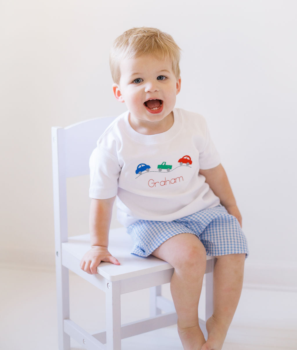 personalized car shirt for toddler boy with embroidered name