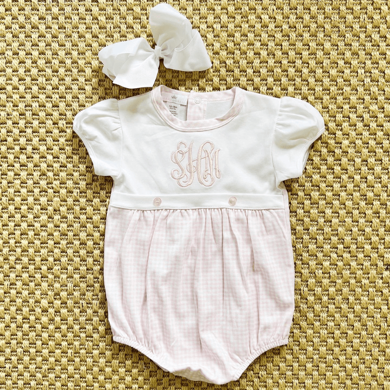 White and pink gingham baby bubble with monogram