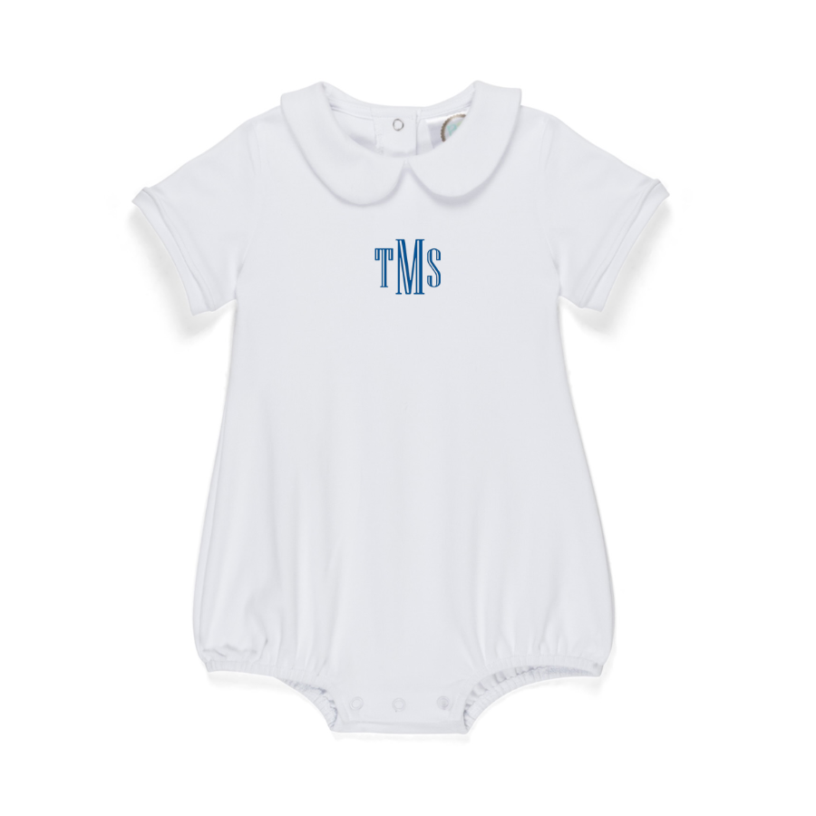 Baby boy white Peter Pan collar bubble with monogram embroidery