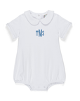 Baby boy white Peter Pan collar bubble with monogram embroidery