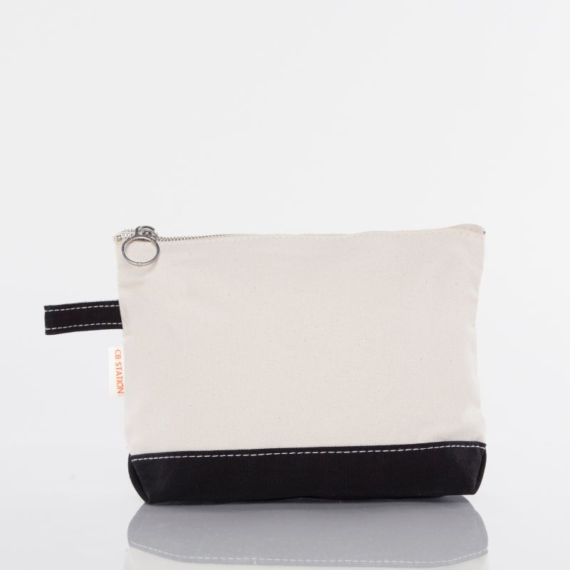 Small pouch with black bottom section and zipper on a white background