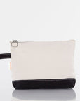 Small pouch with black bottom section and zipper on a white background