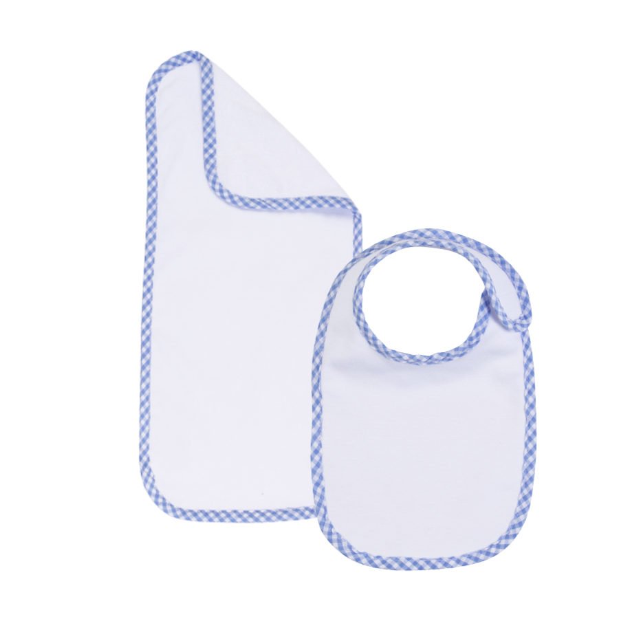 Baby bib and burp cloth set with blue checkered trim on a white background