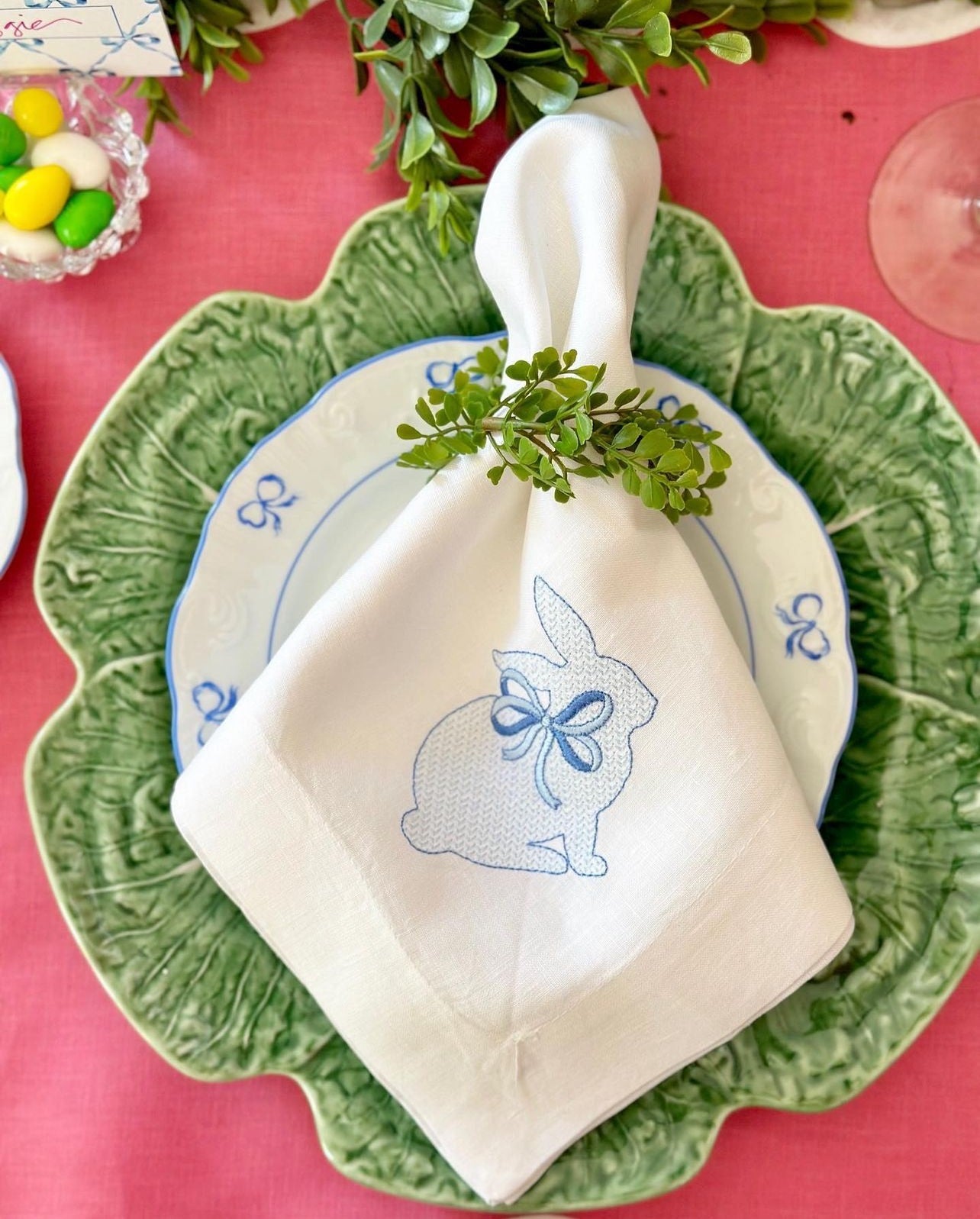 Blue Chinoiserie Bunny Embroidered Dinner Napkins 