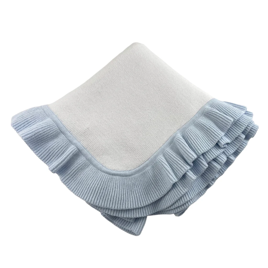 Light blue ruffled baby blanket on a white background