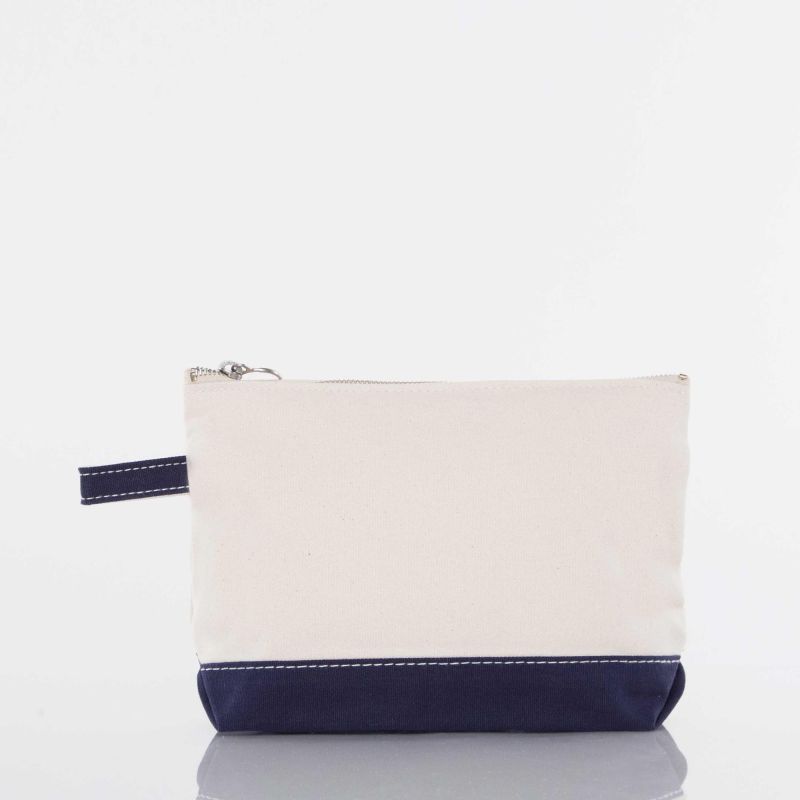 White pouch with navy bottom section on a white background