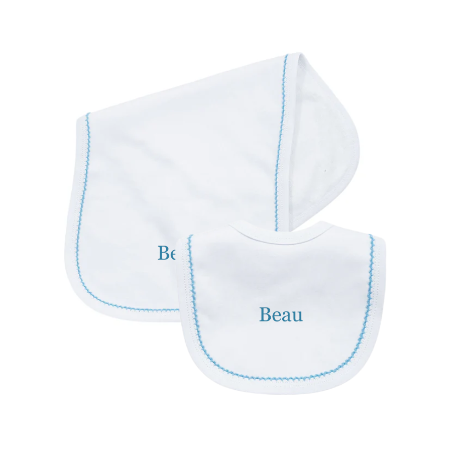 bib and burp cloth set with picot trim personalized with name for baby boy