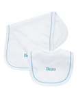 bib and burp cloth set with picot trim personalized with name for baby boy