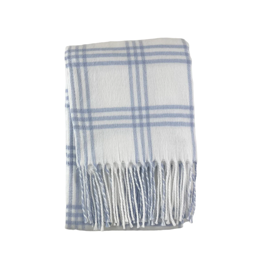 Plaid blanket with blue and white colors on a white background
