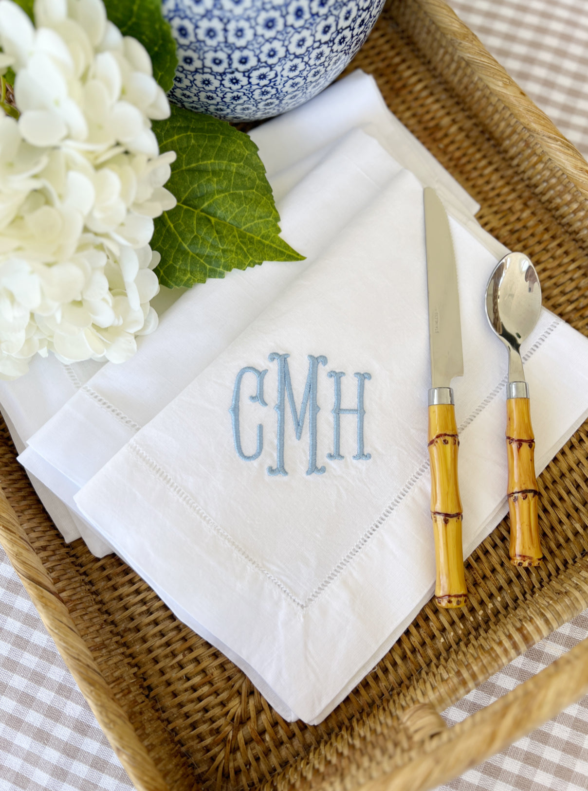 Custom Embroidered Fishtail Monogrammed Linen Dinner Napkins

