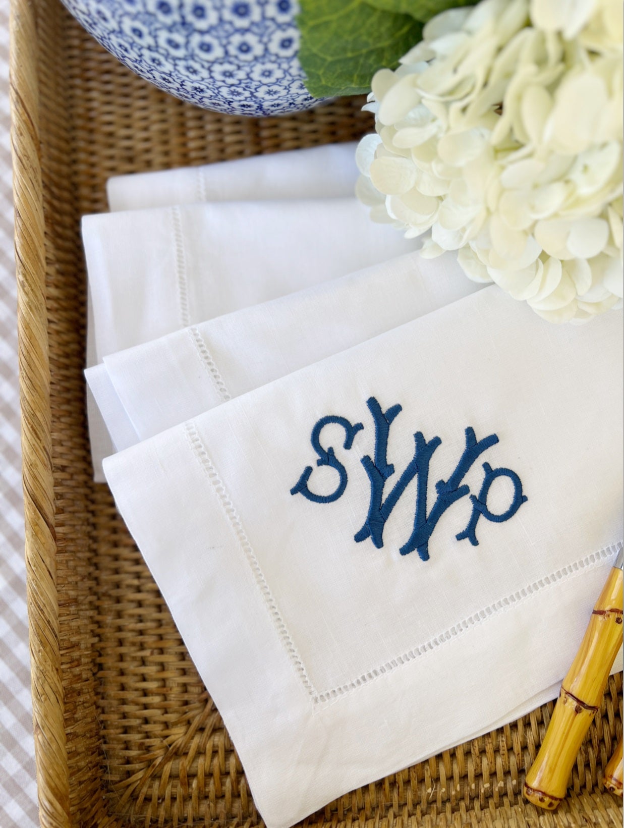 Custom Embroidered Three Initial Branches Monogrammed Dinner Napkins