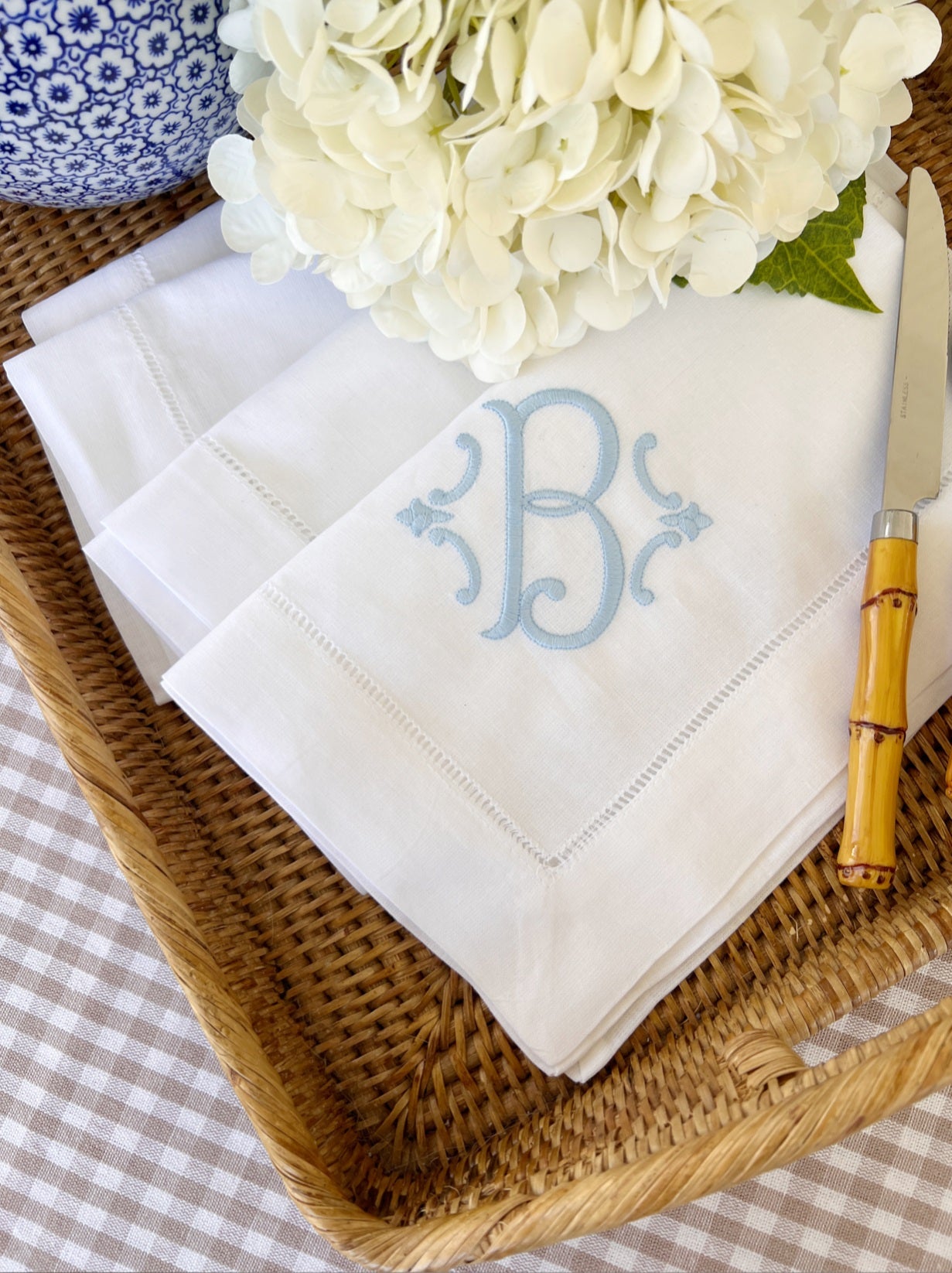 Custom Embroidered Single Initial Romanesque Monogram Dinner Napkins