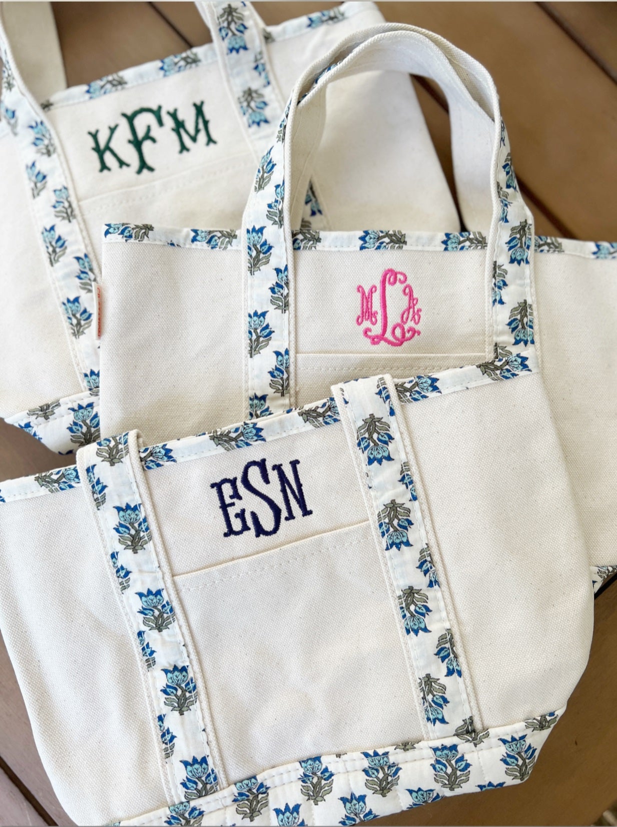 Personalized Blue and White Block Print Open Top Canvas Tote Bag