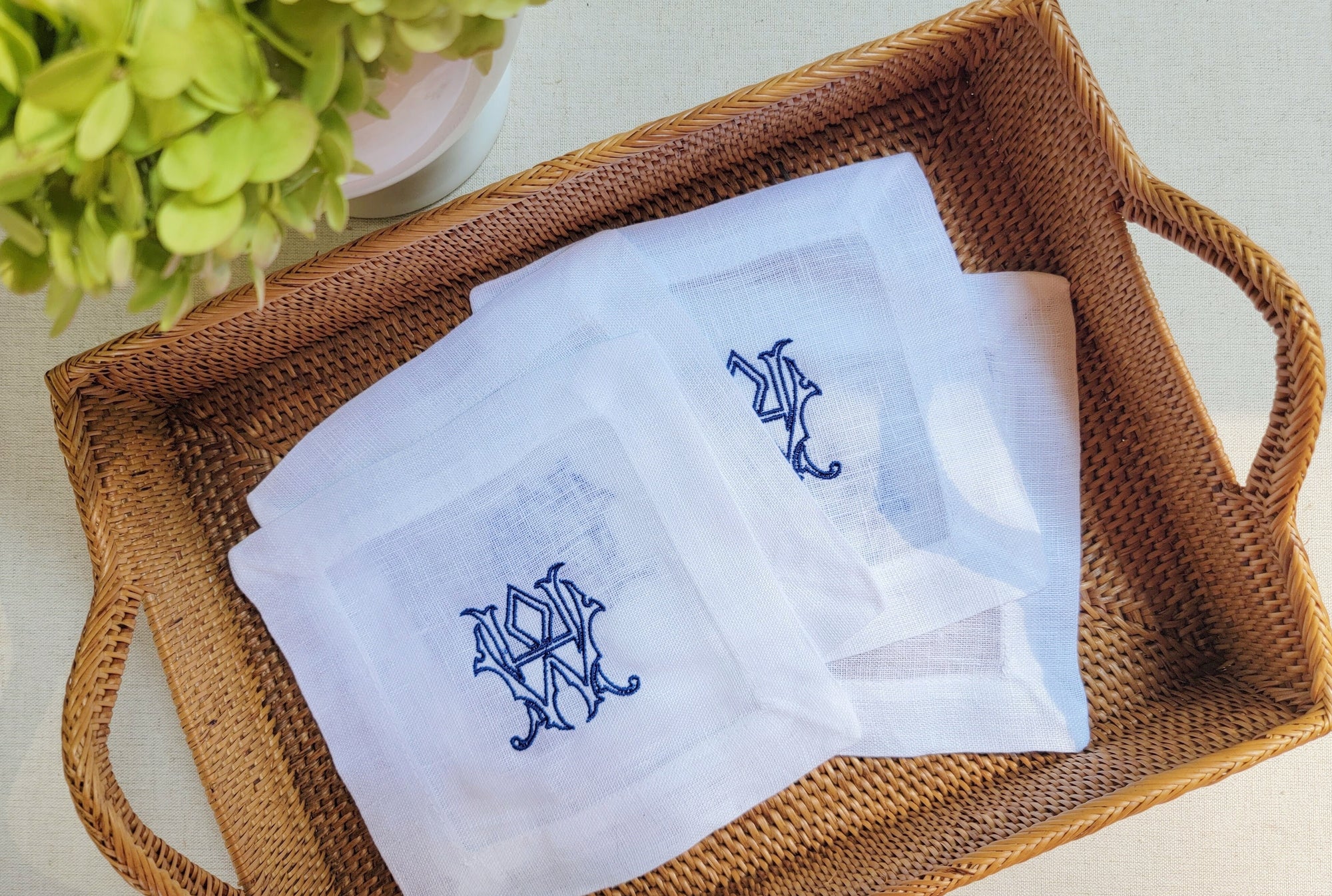 personalized white cocktail hour napkins with embroidered initials