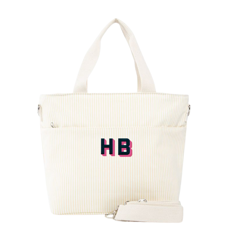 Embroidered Butter Yellow Stripe Canvas Cooler Tote 