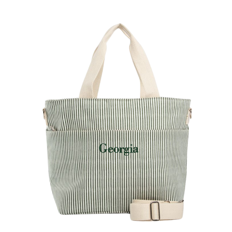 Embroidered Green Stripe Canvas Cooler Tote 
