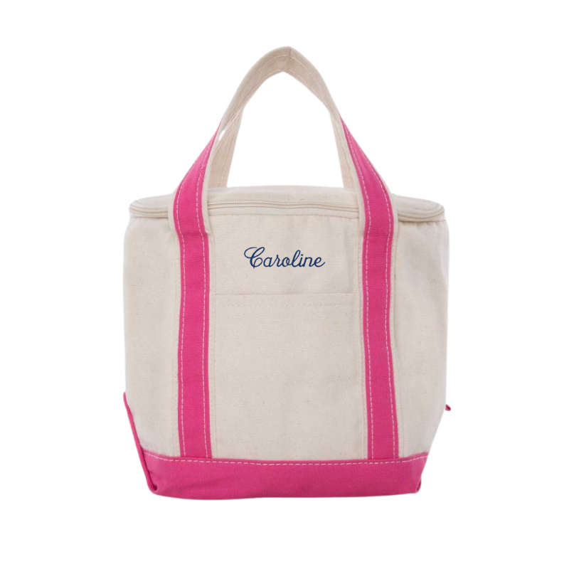 Embroidered Canvas Lunch Tote, Hot Pink Trim