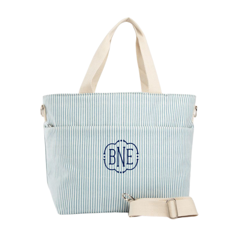 Embroidered Light Blue Stripe Canvas Cooler Tote 