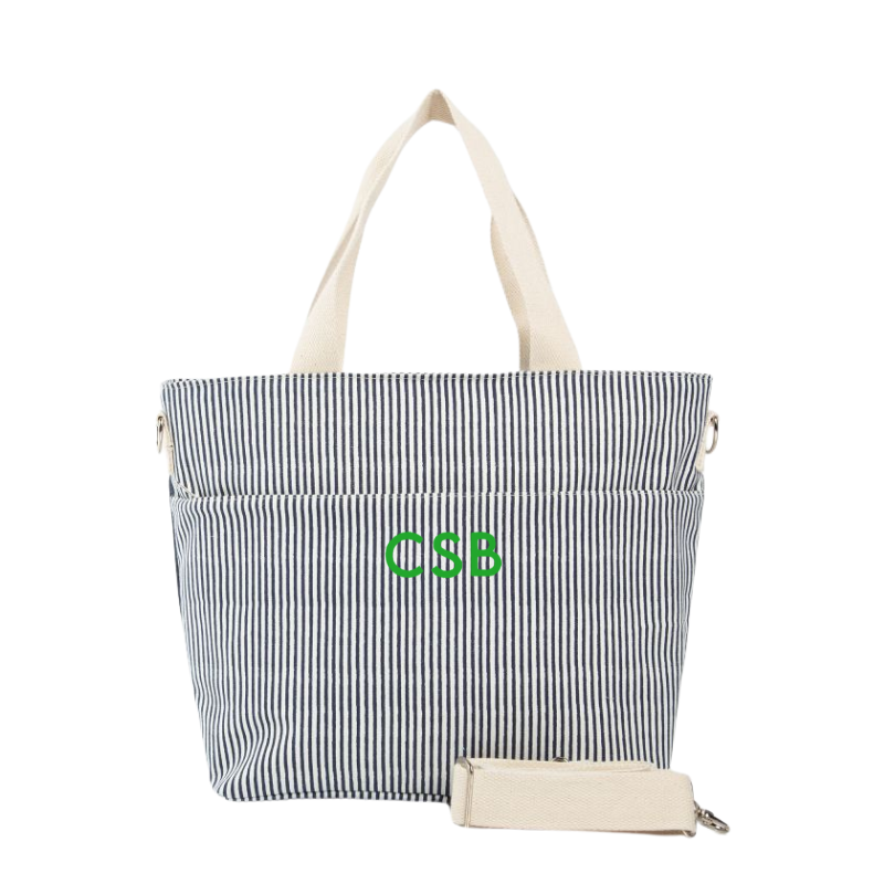 Embroidered Navy Stripe Canvas Cooler Tote 