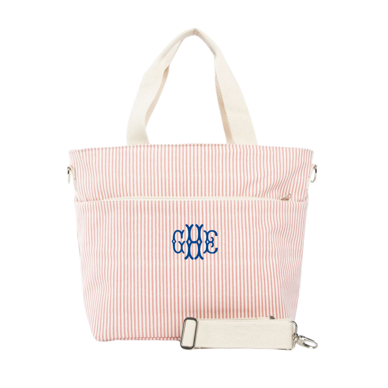 Embroidered Rose Pink Stripe Canvas Cooler Tote 