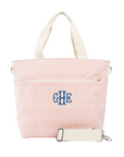 Embroidered Rose Pink Stripe Canvas Cooler Tote 