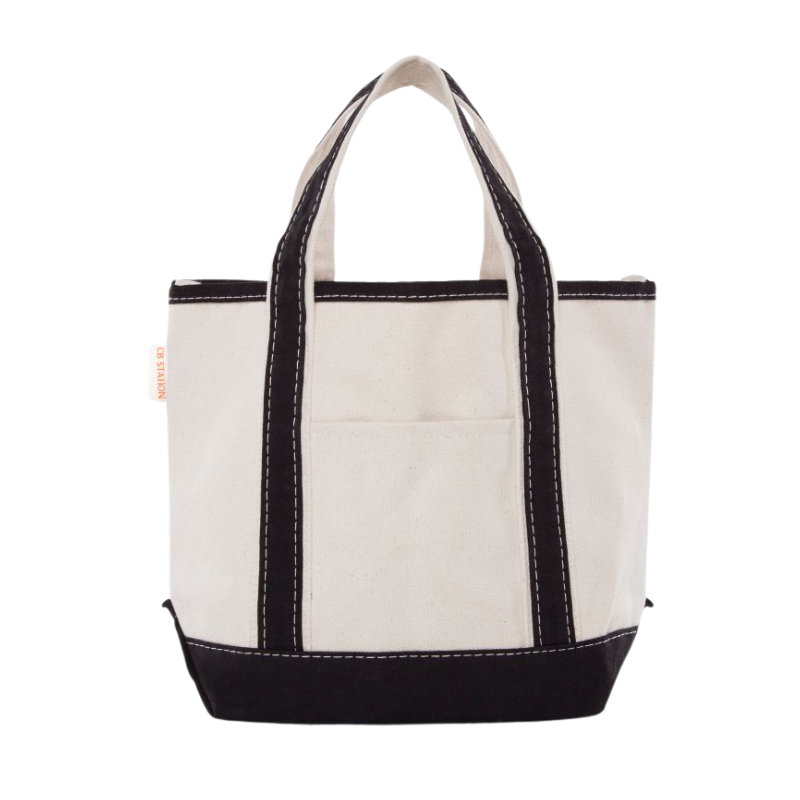Embroidered Small Open Top Canvas Tote Bag, black trim