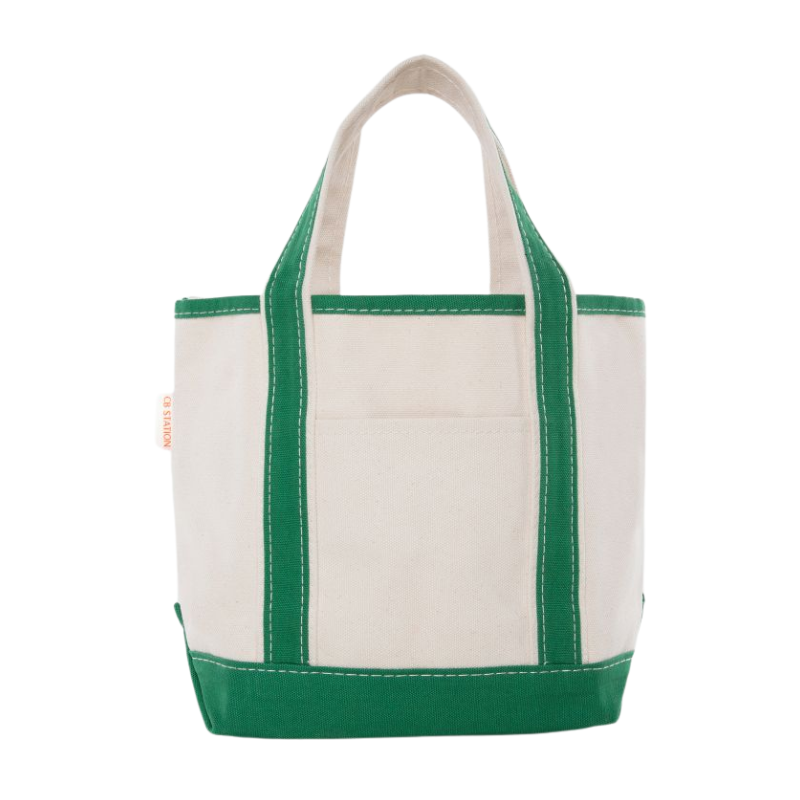 Embroidered Small Open Top Canvas Tote Bag, emerald green trim
