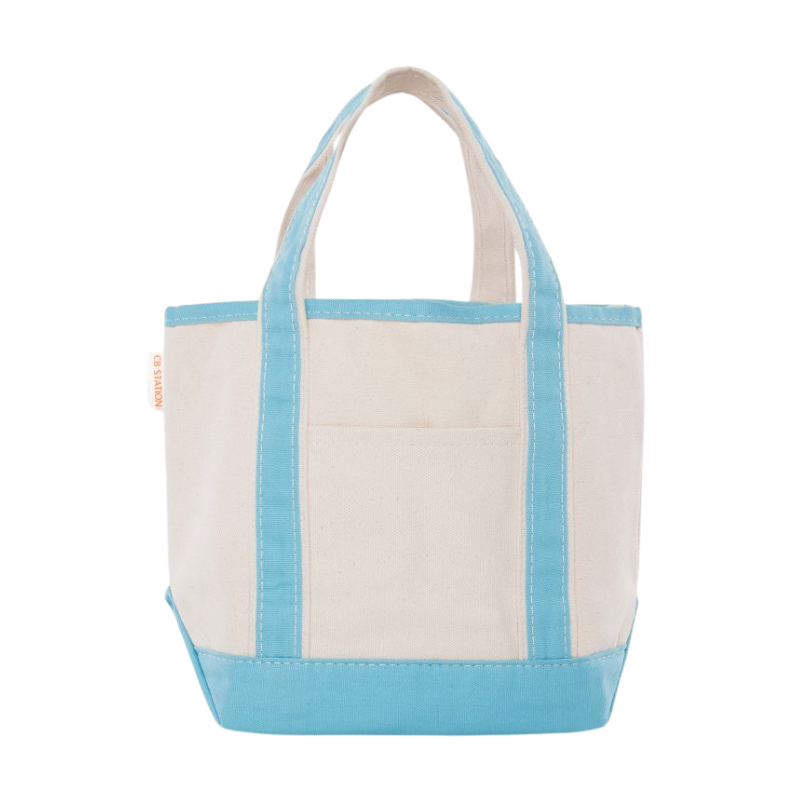 Embroidered Small Open Top Canvas Tote Bag, light blue trim